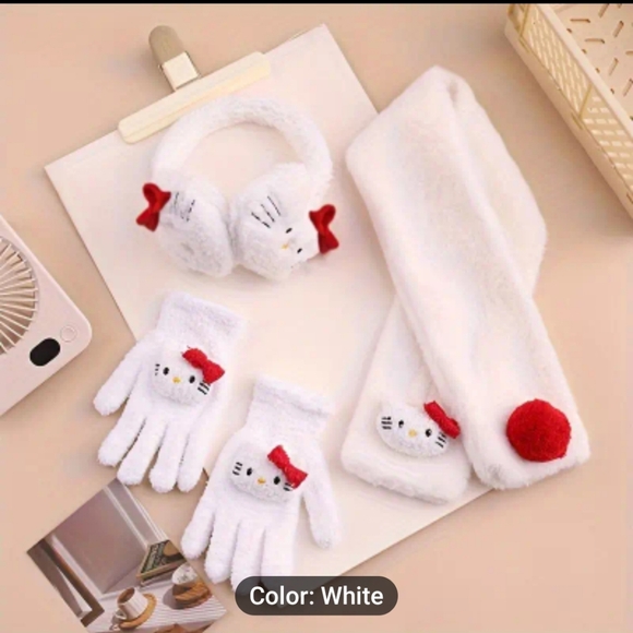New Girls Hello Kitty Winter Scarf, Earmuffs, Glove Set - Picture 1 of 4